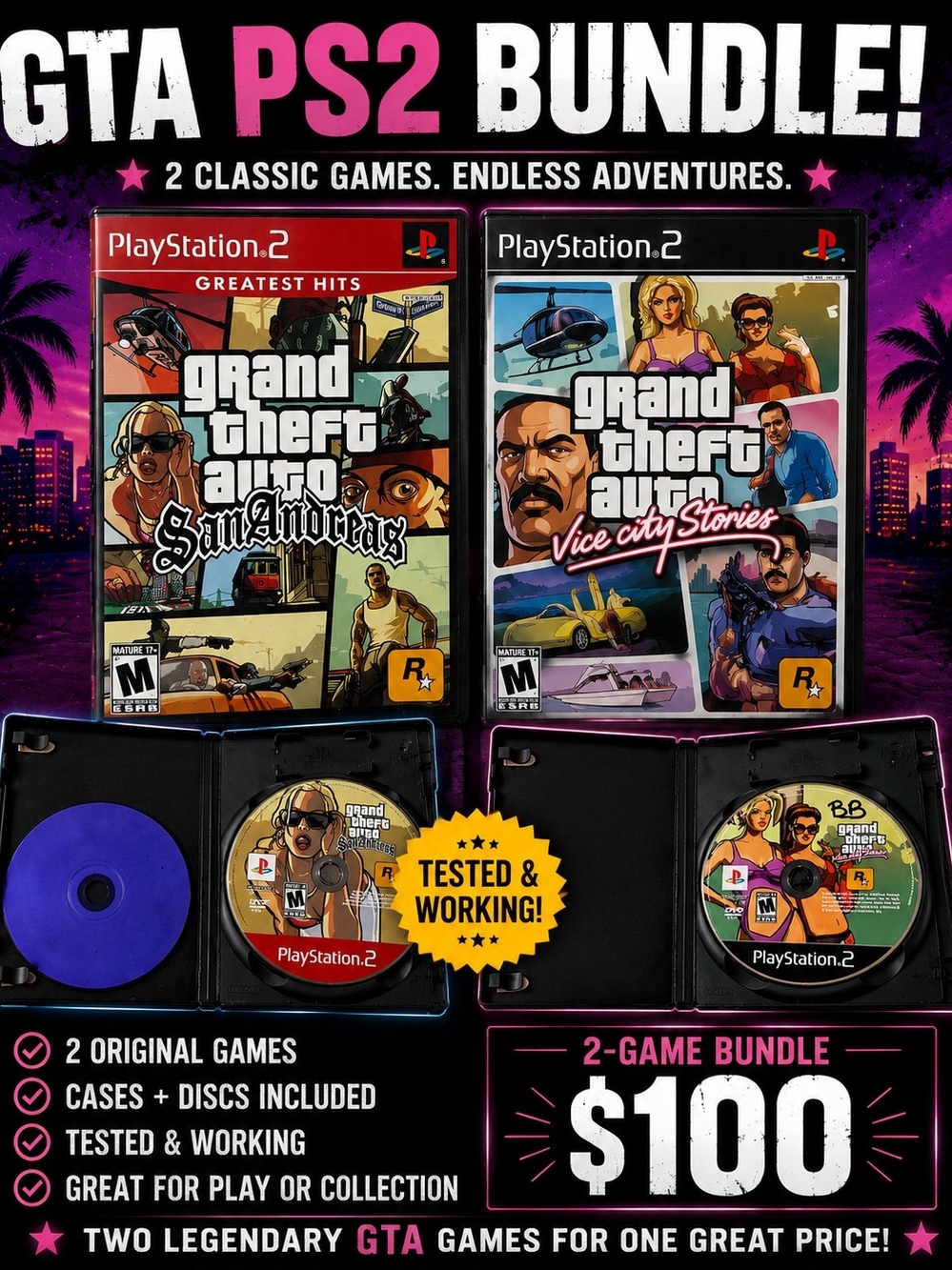 Sony PS2 Grand Theft Auto San Andreas & Vice City Bundle — Black & Purple